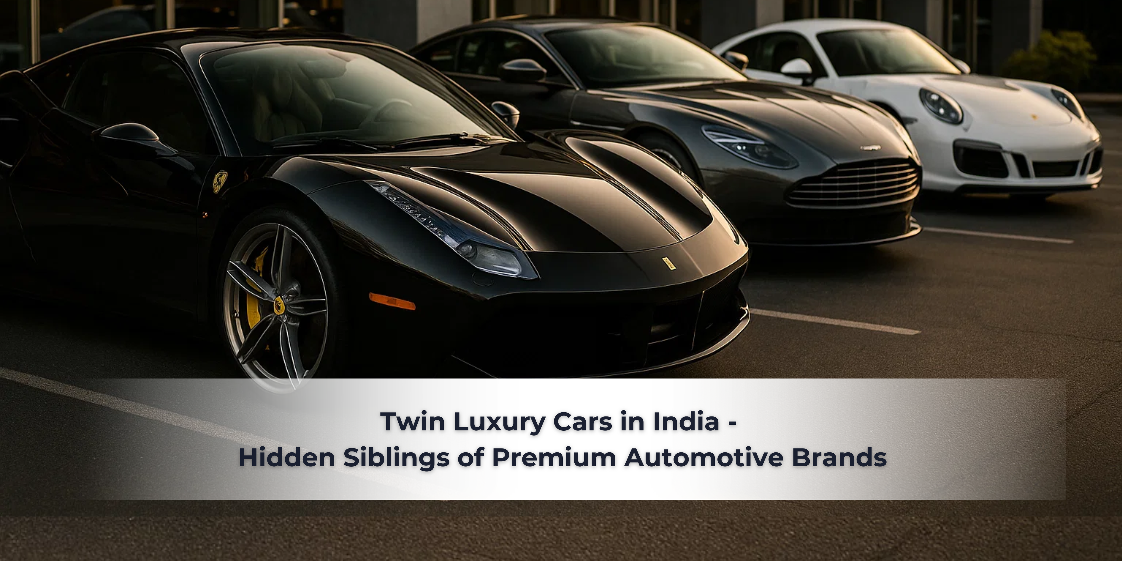 Front view of black Ferrari, grey Aston Martin, and white Porsche sports cars parked in a premium lineup.